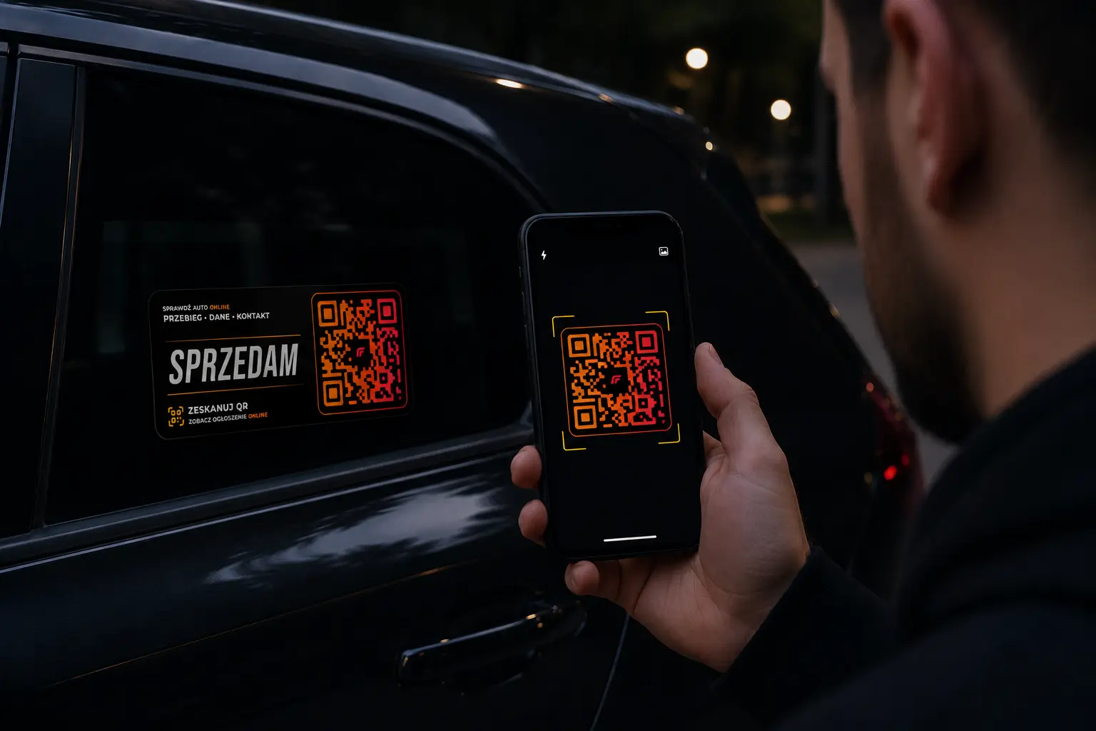 Telefon skanujący naklejkę SPRZEDAM QR STICKER na samochodzie